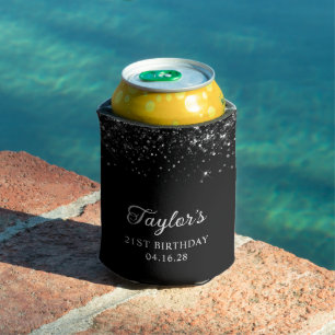 Glittery Black 21st Birthday Can Cooler