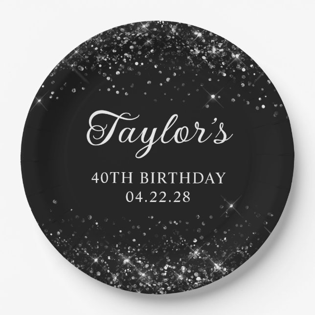 Glittery Black 40th Birthday Paper Plate (Front)