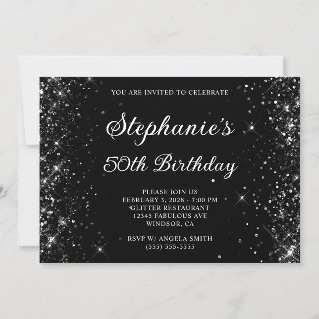 Glittery Black 50th Birthday Invitation (Front)