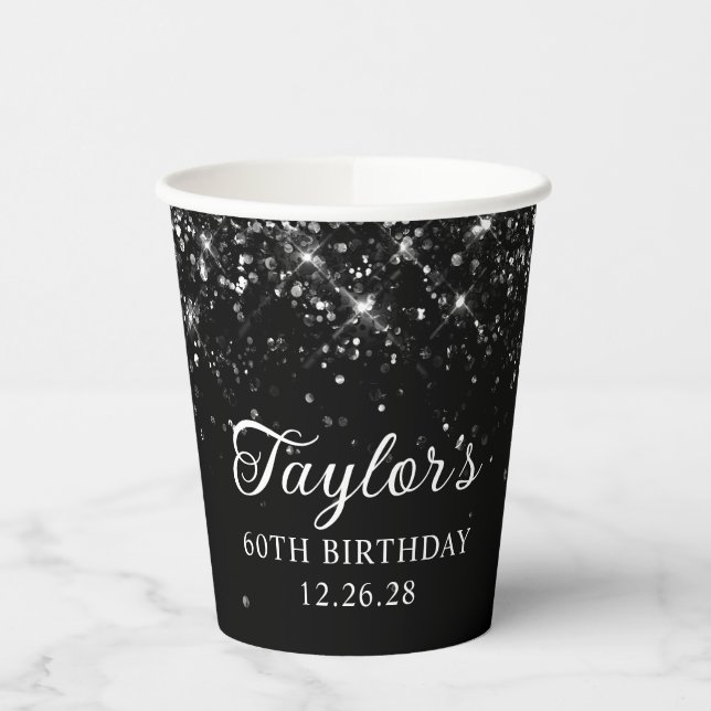 Glittery Black 60th Birthday Paper Cups (Left)