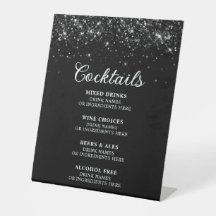 Glittery Black Cocktails Bar Menu Pedestal Sign