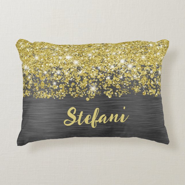 Glittery Black Gold Glam Script Name Accent Pillow (Front)