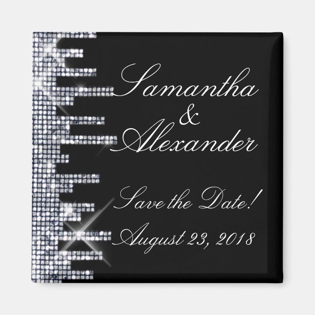 Glittery Black/Silver Glamour Save the Date Magnet (Front)