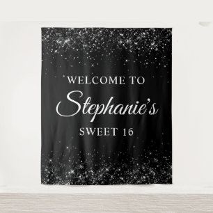 Glittery Black Welcome to Sweet 16 Birthday Tapestry