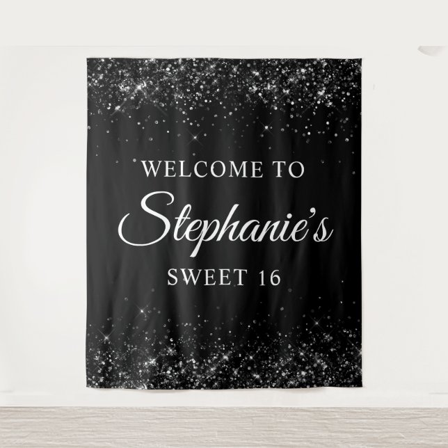 Glittery Black Welcome to Sweet 16 Birthday Tapestry (Front)