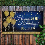 Glittery Blue and Gold Happy 50th Birthday Banner<br><div class="desc">Fun banner sign for indoors or out,  featuring some glam metallic balloons and glittery confetti on a rich textured royal blue background for your personalised birthday banner.</div>