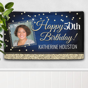 Glittery Blue and Gold Happy Birthday Banner