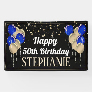 Glittery Blue and Gold Happy Birthday Banner