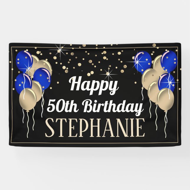 Glittery Blue and Gold Happy Birthday Banner (Horizontal)