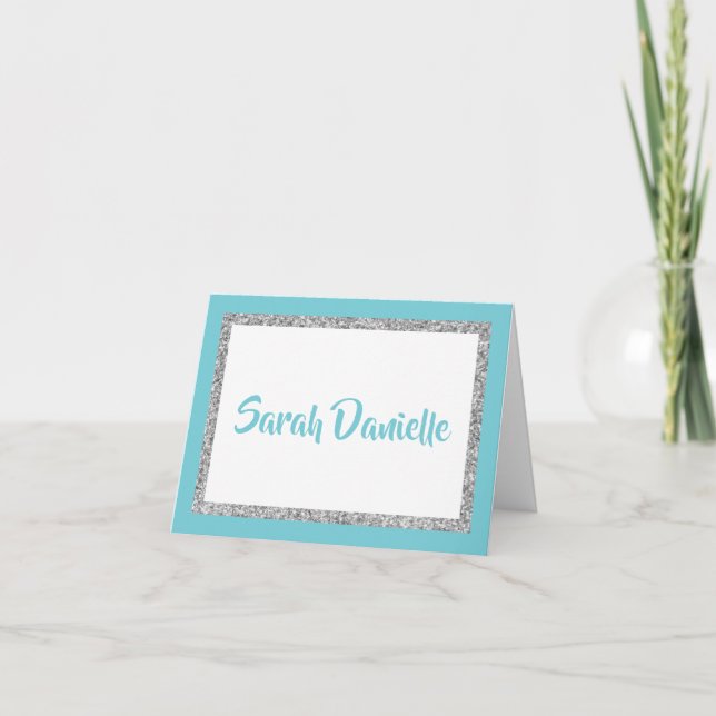 Glittery Blue and Silver Personalised Note Card (Front)