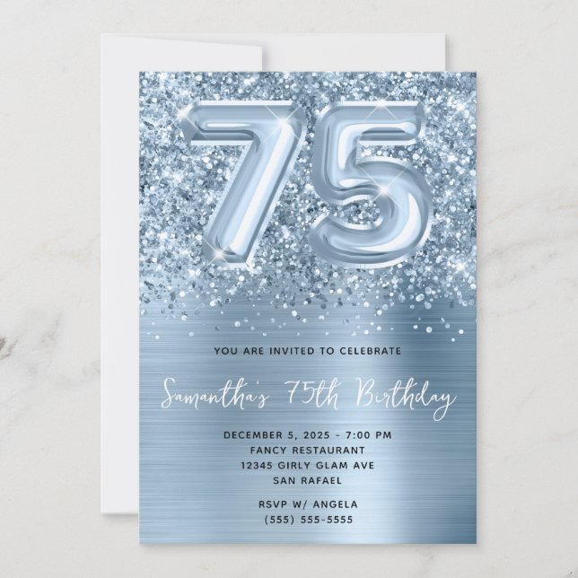 Glittery Blue Balloon Glam 75th Birthday Invitation (Front)