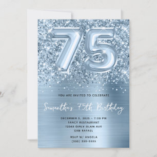 Glittery Blue Balloon Glam 75th Birthday Invitation