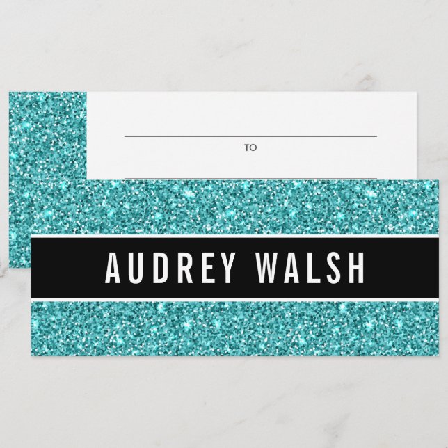 Glittery Blue Chic Sequin Black Gift Certificate Invitation (Front/Back)