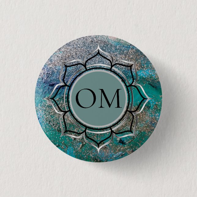 Glittery Blue Elegant OM Lotus   3 Cm Round Badge (Front)