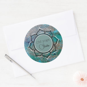 Glittery Blue Elegant OM Lotus Business Logo Classic Round Sticker