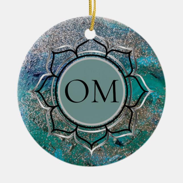 Glittery Blue Elegant OM Lotus    Ceramic Tree Decoration (Front)