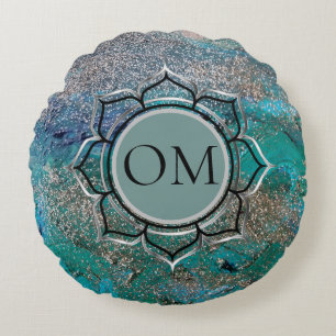 Glittery Blue Elegant OM Lotus  Round Cushion