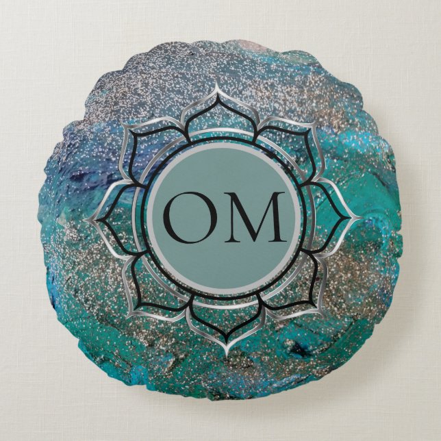 Glittery Blue Elegant OM Lotus  Round Cushion (Front)
