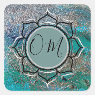 Glittery Blue Elegant OM Lotus Square Sticker