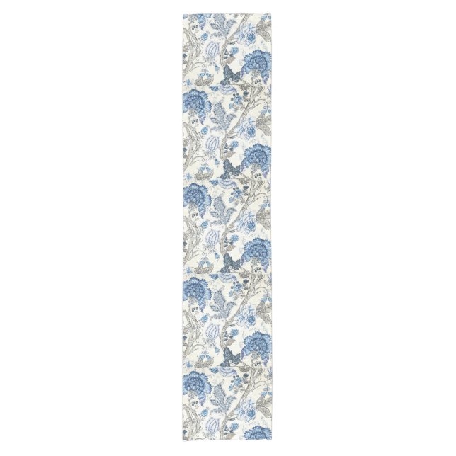 Glittery Blue Floral on Winter White Short Table Runner (Front)