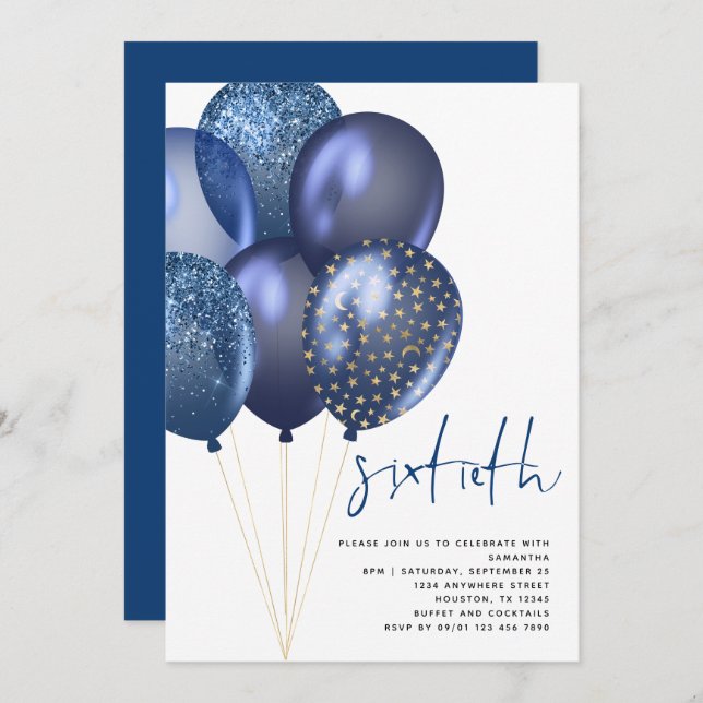 Glittery Blue Gold Balloons 60th Birthday Party Invitation (Front/Back)