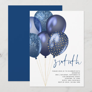 Glittery Blue Gold Balloons 60th Birthday Party Invitation