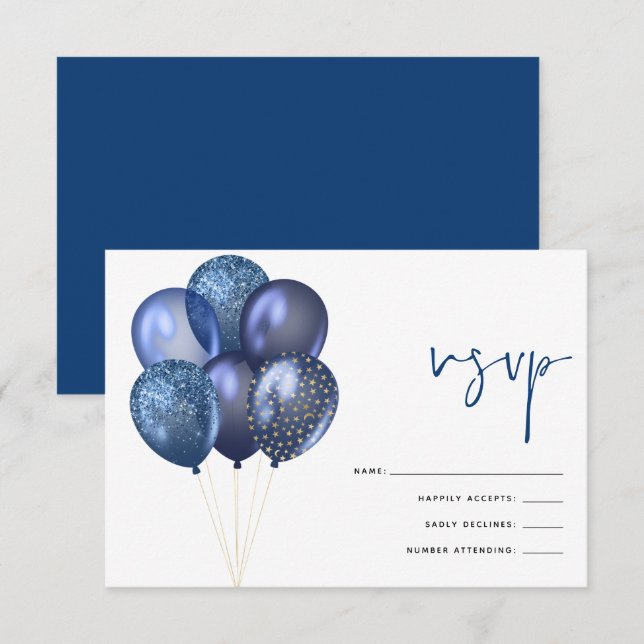Glittery Blue Gold Balloons 60th Birthday Party RSVP Card (Front/Back)