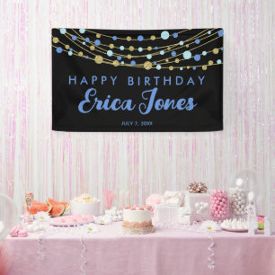 Glittery blue gold black elegant modern birthday banner