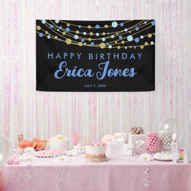 Glittery blue gold black elegant modern birthday banner (Party)