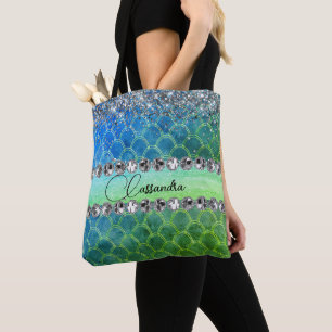 Glittery Blue Green Mermaid Diamond Bling    Tote Bag