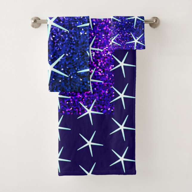 Glittery Blue Ombre Sparkle Starfish Patterns Cute Bath Towel Set (Insitu)