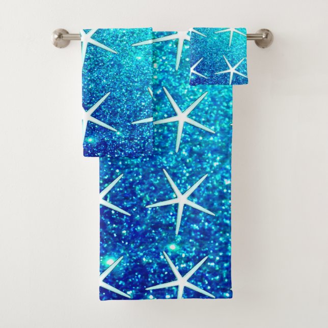 Glittery Blue Ombre Teal Sparkle Starfish Patterns Bath Towel Set (Insitu)