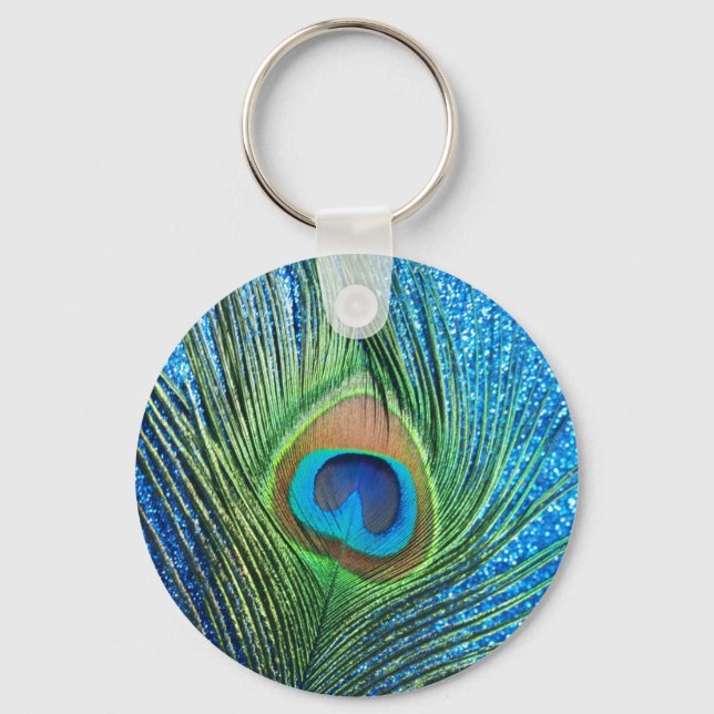Glittery Blue Peacock Feather Still Life Key Ring (Front)