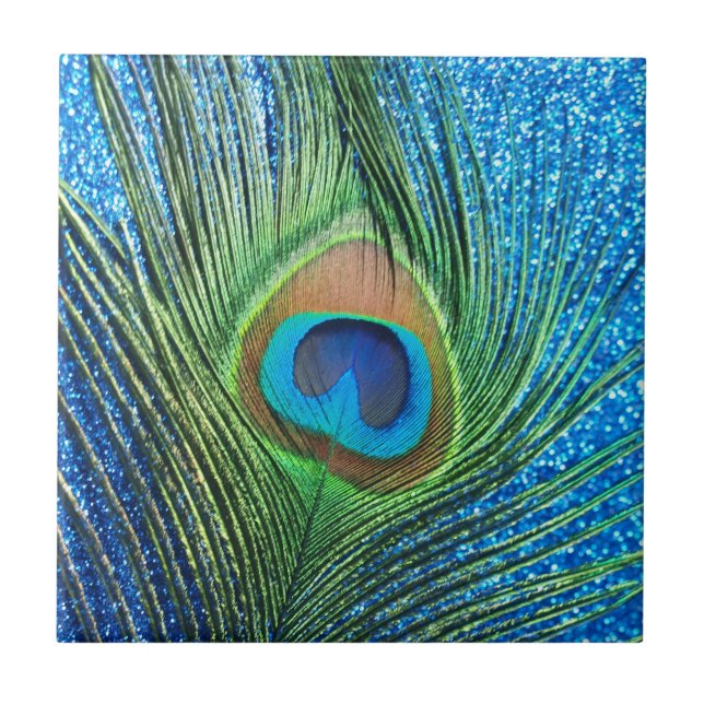 Glittery Blue Peacock Feather Still Life Tile (Front)