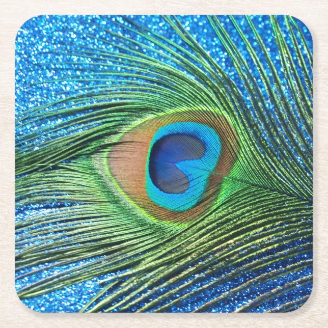 Glittery Blue Peacock Square Paper Coaster (Front)