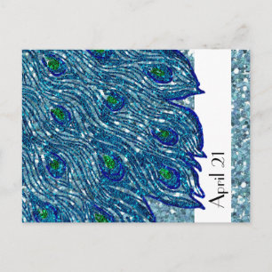 Glittery Blue Spangle Peacock Save the Date Announcement Postcard