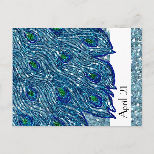 Glittery Blue Spangle Peacock Save the Date Announcement Postcard (Front)