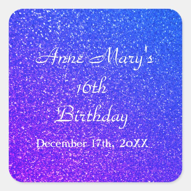Glittery Blue Sparkle 16th Birthday Custom Name  Square Sticker (Front)