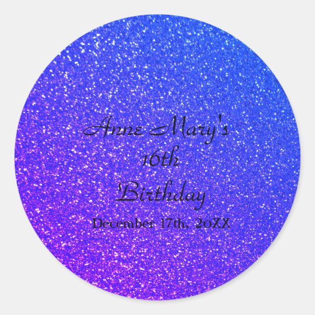 Glittery Blue Sparkle Custom Name 16th Birthday Classic Round Sticker (Front)
