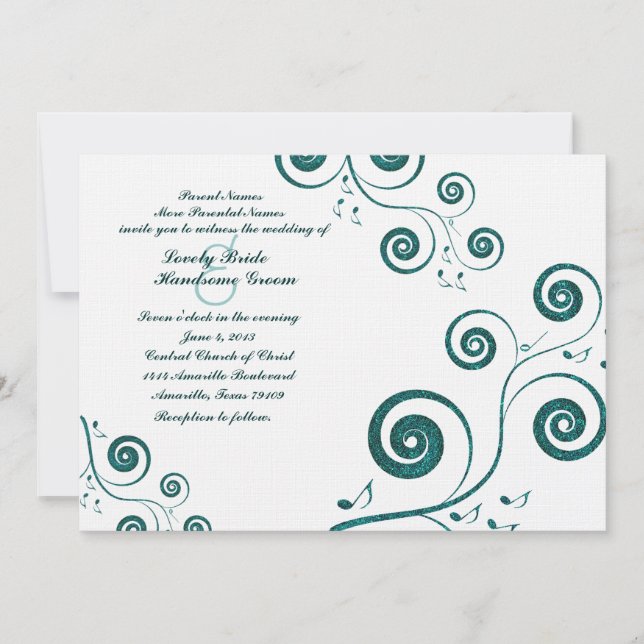 Glittery Blue Swirls Music Wedding Invitation (Front)