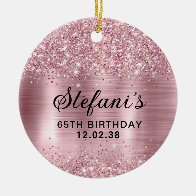 Glittery Blush Rose Gold Foil 65th Birthday Ceramic Tree Decoration (Front)