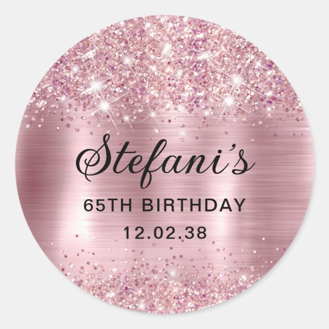 Glittery Blush Rose Gold Foil 65th Birthday Classic Round Sticker (Front)