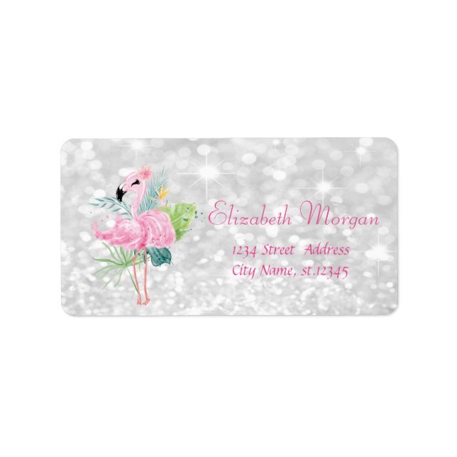 Glittery,Bokeh,Tropical Leaves, Pink Flamingos Label (Front)