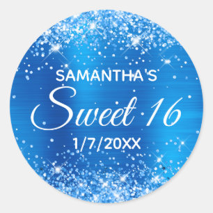 Glittery Bright Blue Foil Sweet 16 Classic Round Sticker