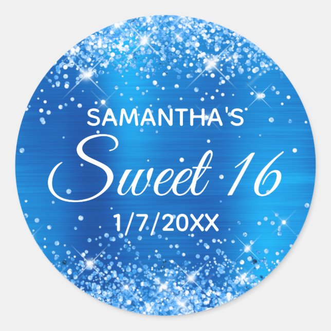 Glittery Bright Blue Foil Sweet 16 Classic Round Sticker (Front)