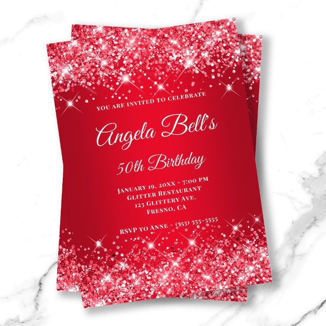 Glittery Bright Red Ombre Fancy Monogram Invitation (Glittery Bright Red Ombre Fancy Monogram Invitation)