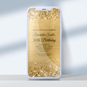 Glittery Brushed Gold Foil 50th Birthday Invitation