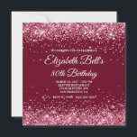 Glittery Burgundy 80th Birthday Invitation<br><div class="desc">An elegant fancy monogram 80th birthday invitation for her. Faux sparkly reddish pink glitter girly glam with sparkles against a dark red burgundy colour. The fancy classic flourish calligraphy monogram on the back can be customised. A lovely invite for your great grandmother on her milestone birthday. All the glittery elements...</div>