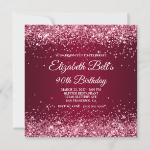 Glittery Burgundy Ombre 90th Birthday Invitation
