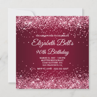 Glittery Burgundy Ombre 90th Birthday Invitation